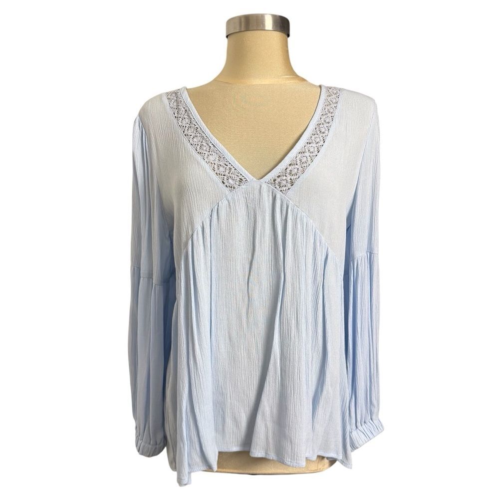 Linda Leal Boho V-Neck Peasant Blouse M Light Blue Flowy Top Feminine
